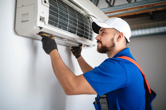 HVAC technician installing a mini split air conditioner in Sandy