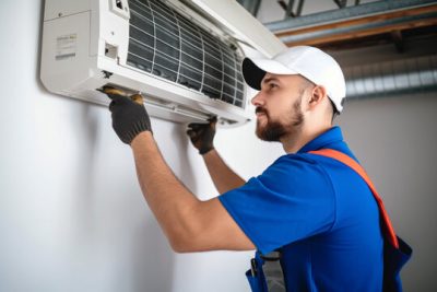 360_F_621046421_Vcay4nYa8ozdeodOQVDfES6MRrC6N3b8 Air conditioning technician servicing a wall-mounted AC unit in Sandy, UT